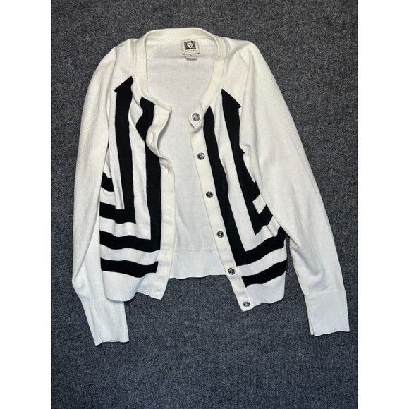 ANNE KLEIN BLACK & WHITE BUTTON UP SWEATER M - Picture 1 of 3